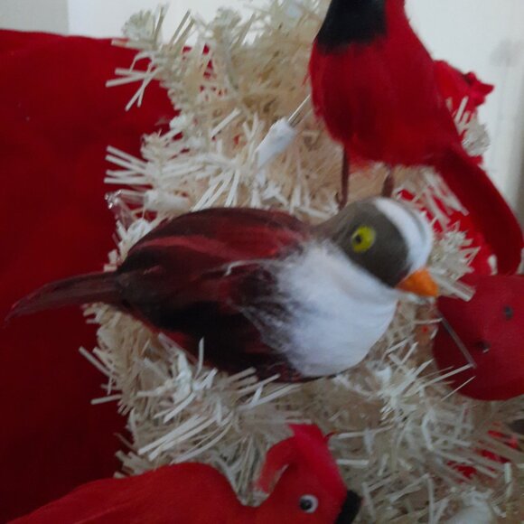 12 Vintage Feathered Red Bird Christmas Tree Decorations - Picture 7 of 8